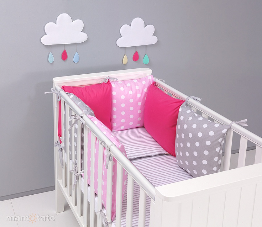 8 dielne Minky sady do detskej postieľky s motívom bielych bodiek