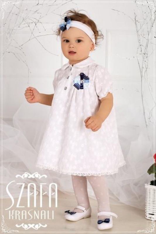 Slávnostné šaty s čelenkou a modrou brošňou s mašličkou WB008