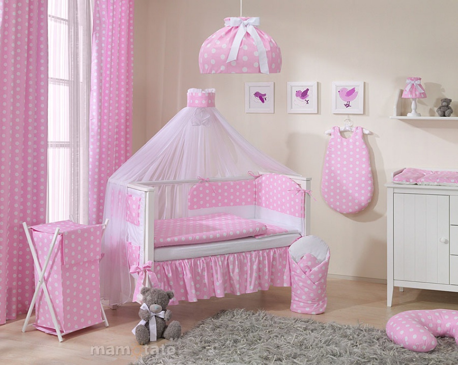 12 časťová sada do postieľky so šifónovým baldachýnom ružová/bodky