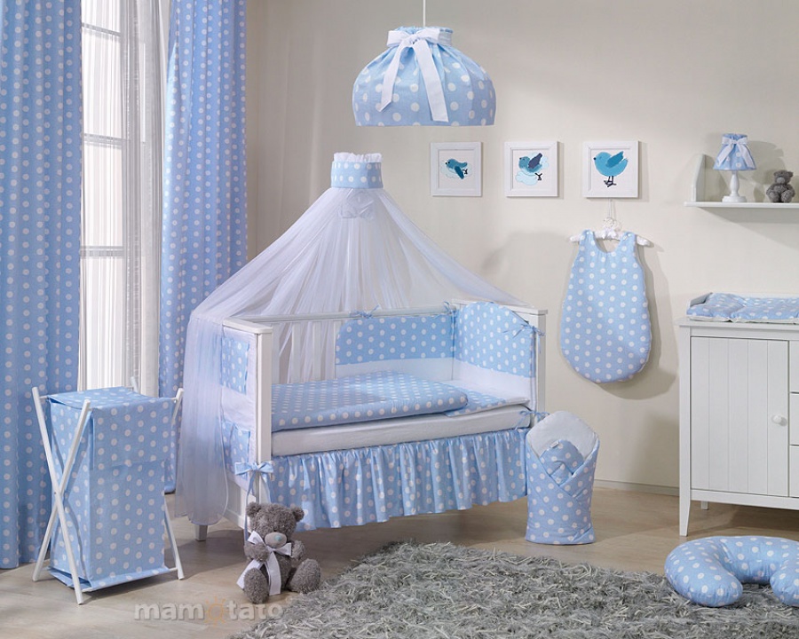 12 časťová sada do postieľky so šifónovým baldachýnom modrá/bodky