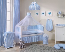 12 časťová sada do postieľky so šifónovým baldachýnom modrá/bodky