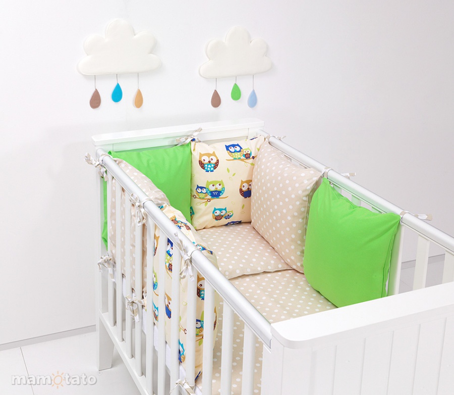 8 dielna modifikovateľná Minky sada béžová/zelená s motívom sovičiek 34