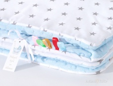 Obojstranná deka Minky modrá/sivé hviezdičky na bielom podklade