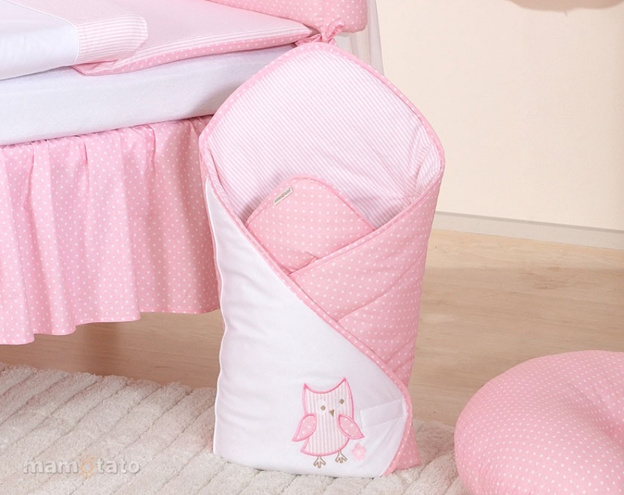 Spevnená zavinovačka s výplňou a výšivkou UŠATÝCH SOVIČIEK ružová 