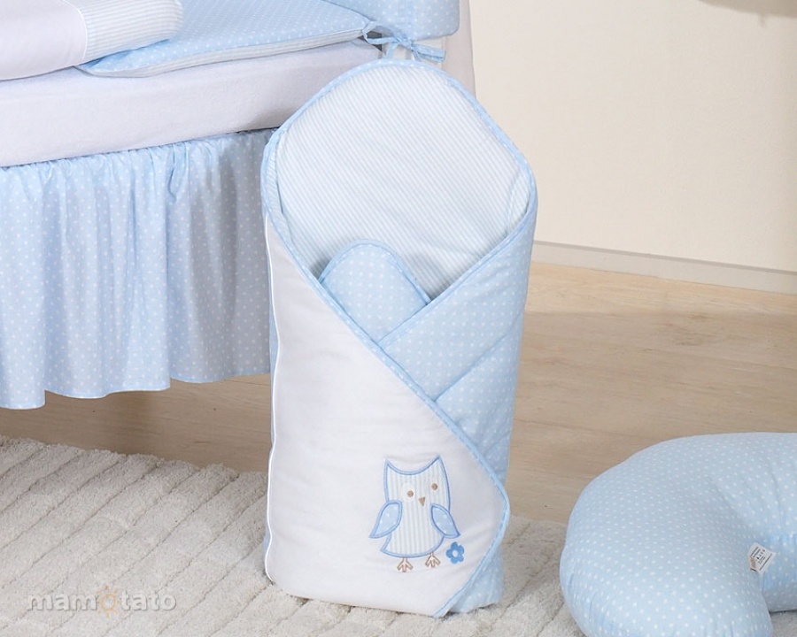 Spevnená zavinovačka s výplňou a výšivkou UŠATÝCH SOVIČIEK modrá