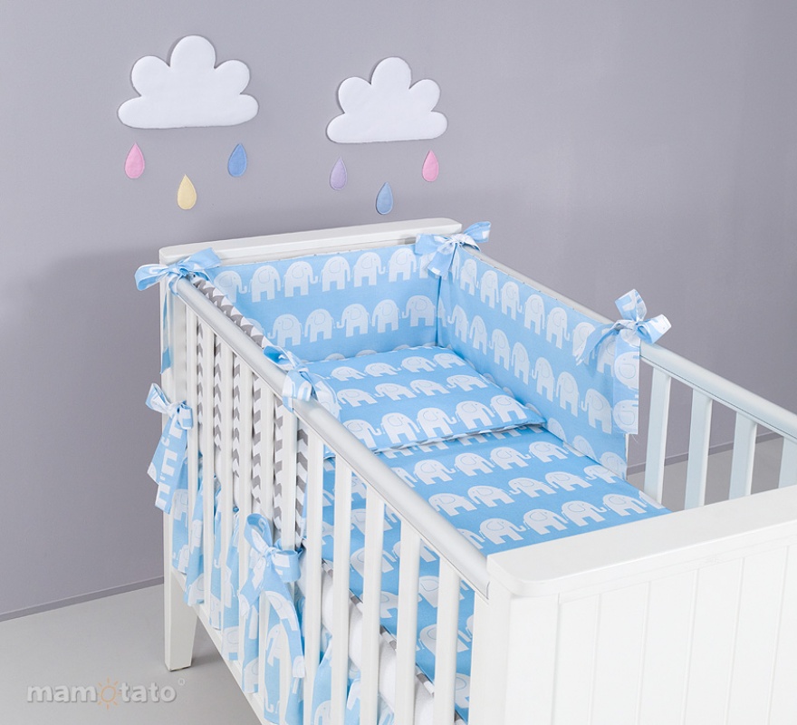 Chránič do postieľlky rovný modrý slon/sivý zig zak