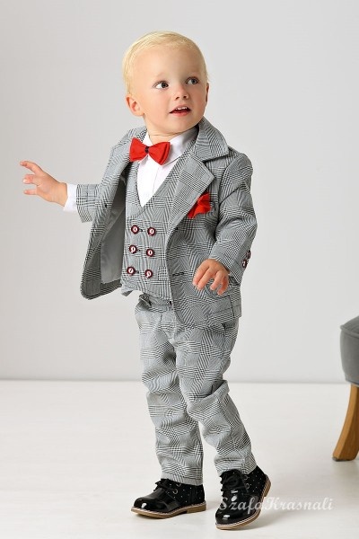 A004 Chlapčenský slávnostný oblek károvaný/ červený motýlik